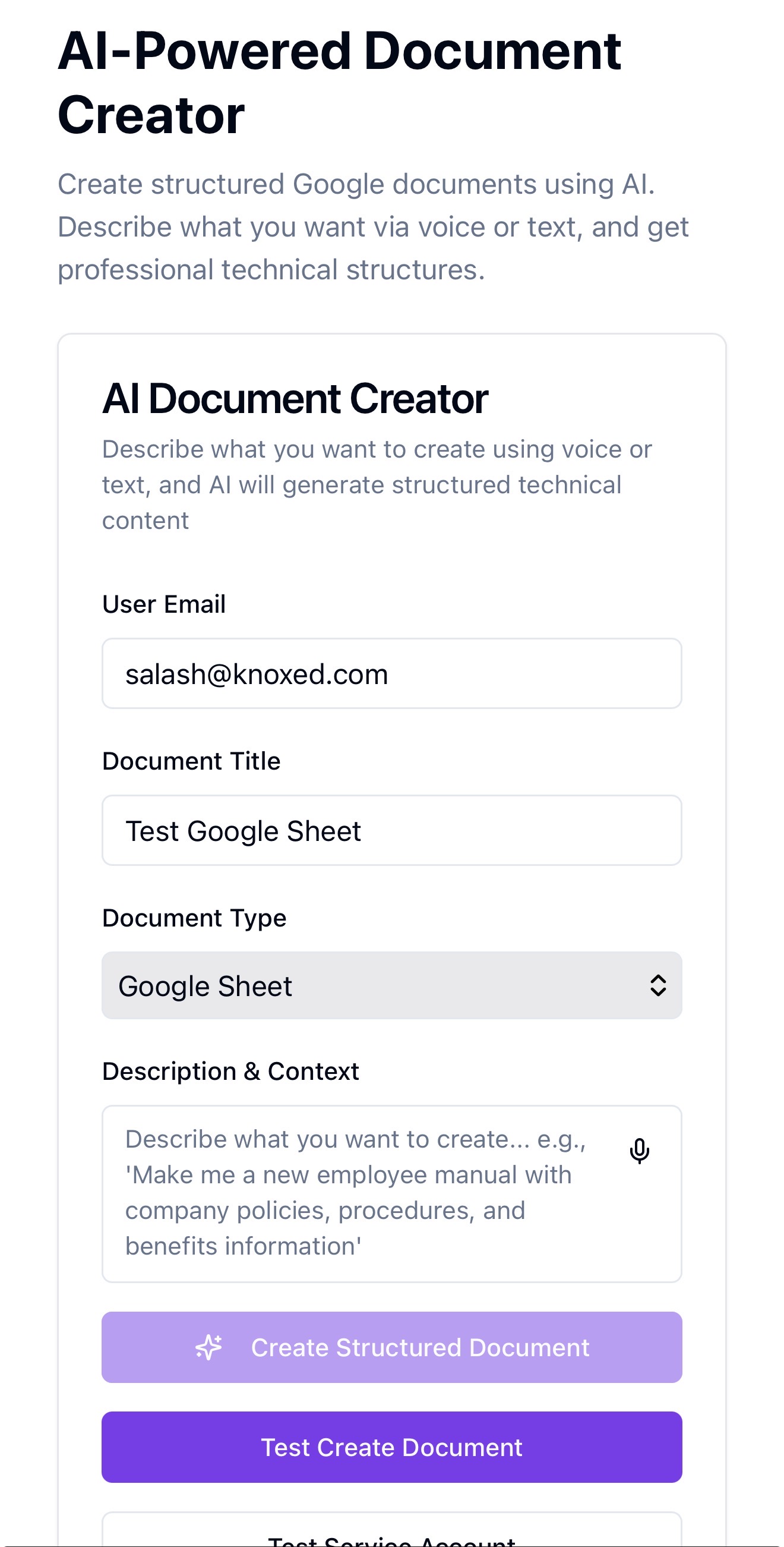 AI-Powered Document Creator interface showing voice-to-document functionality