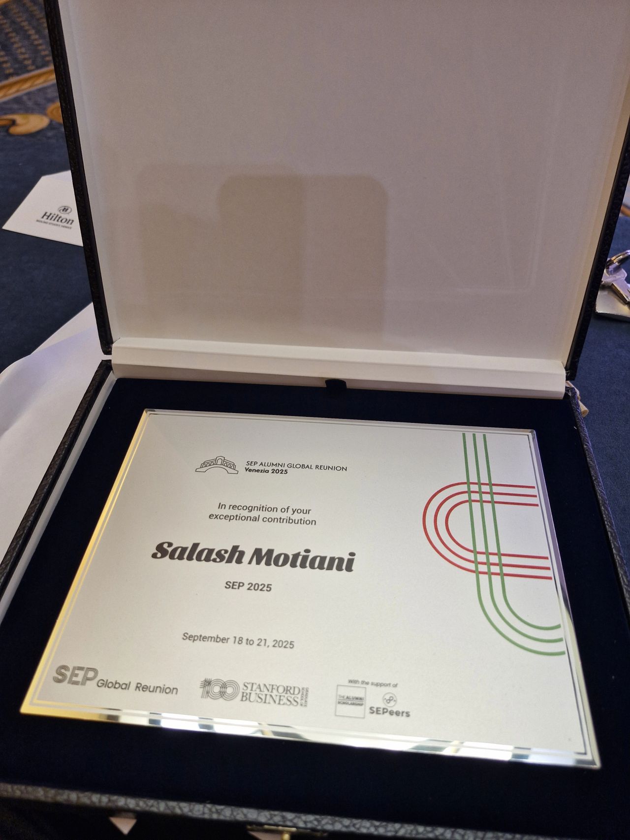 Award certificate from Venice reunion